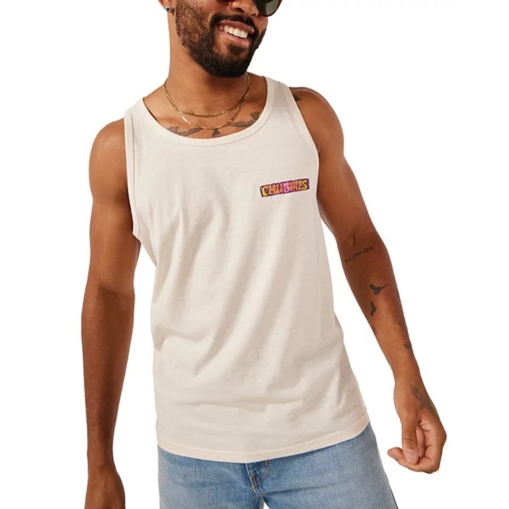 Chubbies Men's MEDIUM The Wind Slammer Logo Graphic Tank‎ in Oatmeal Heather